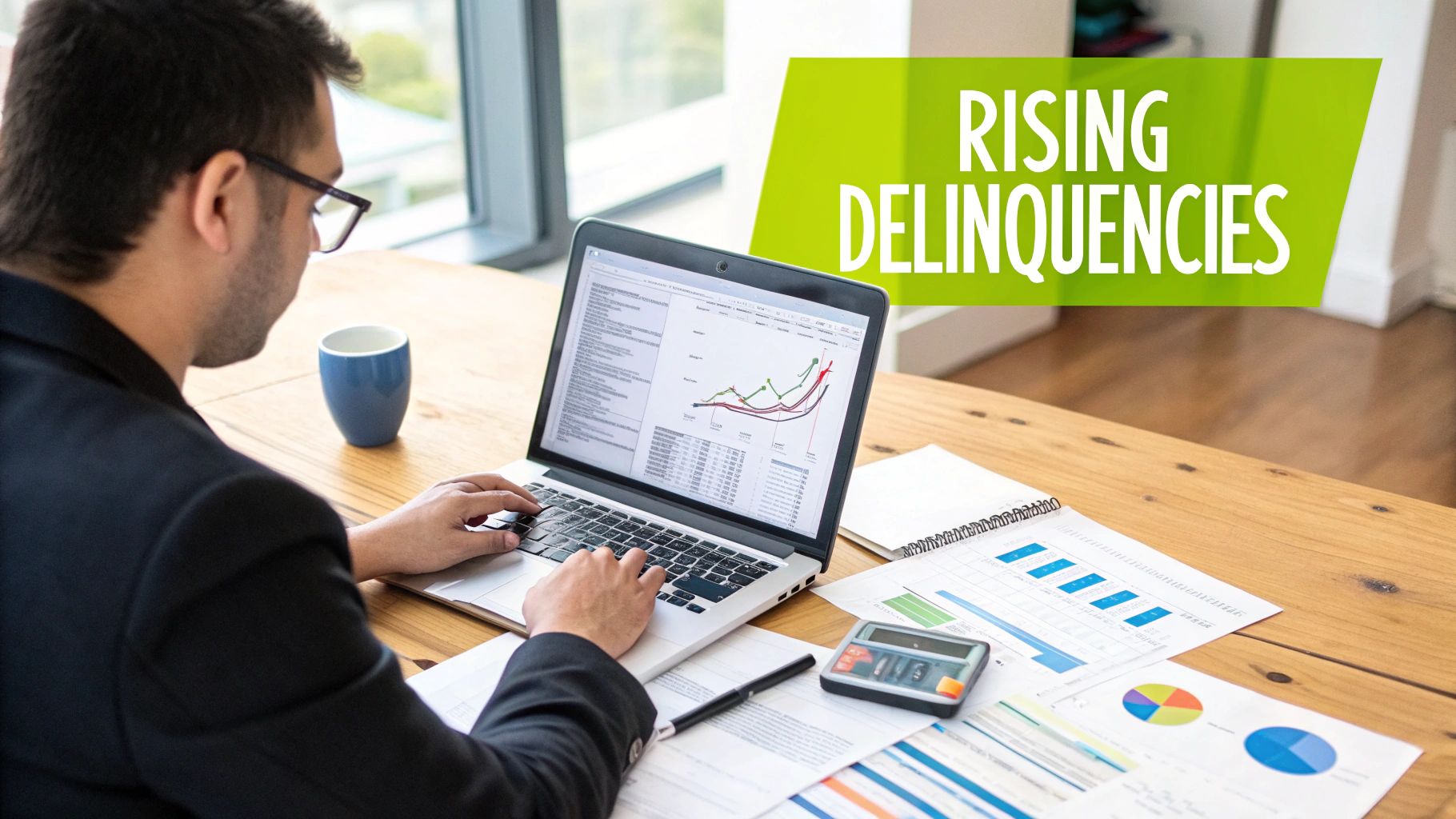 Man analyzing financial data on a laptop, with charts and 'Rising Delinquencies' text.