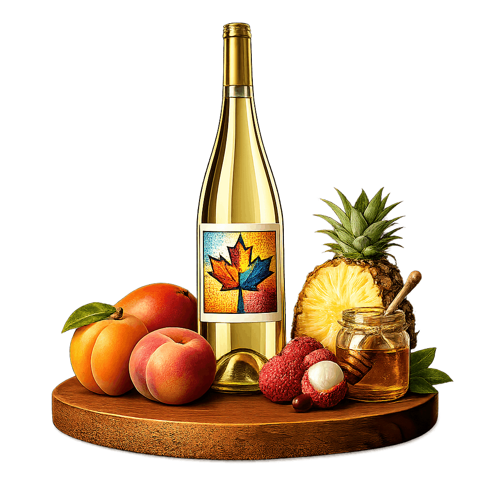 Artistic label and flavor profile for Canadian Vidal Icewine on a rustic wooden table.