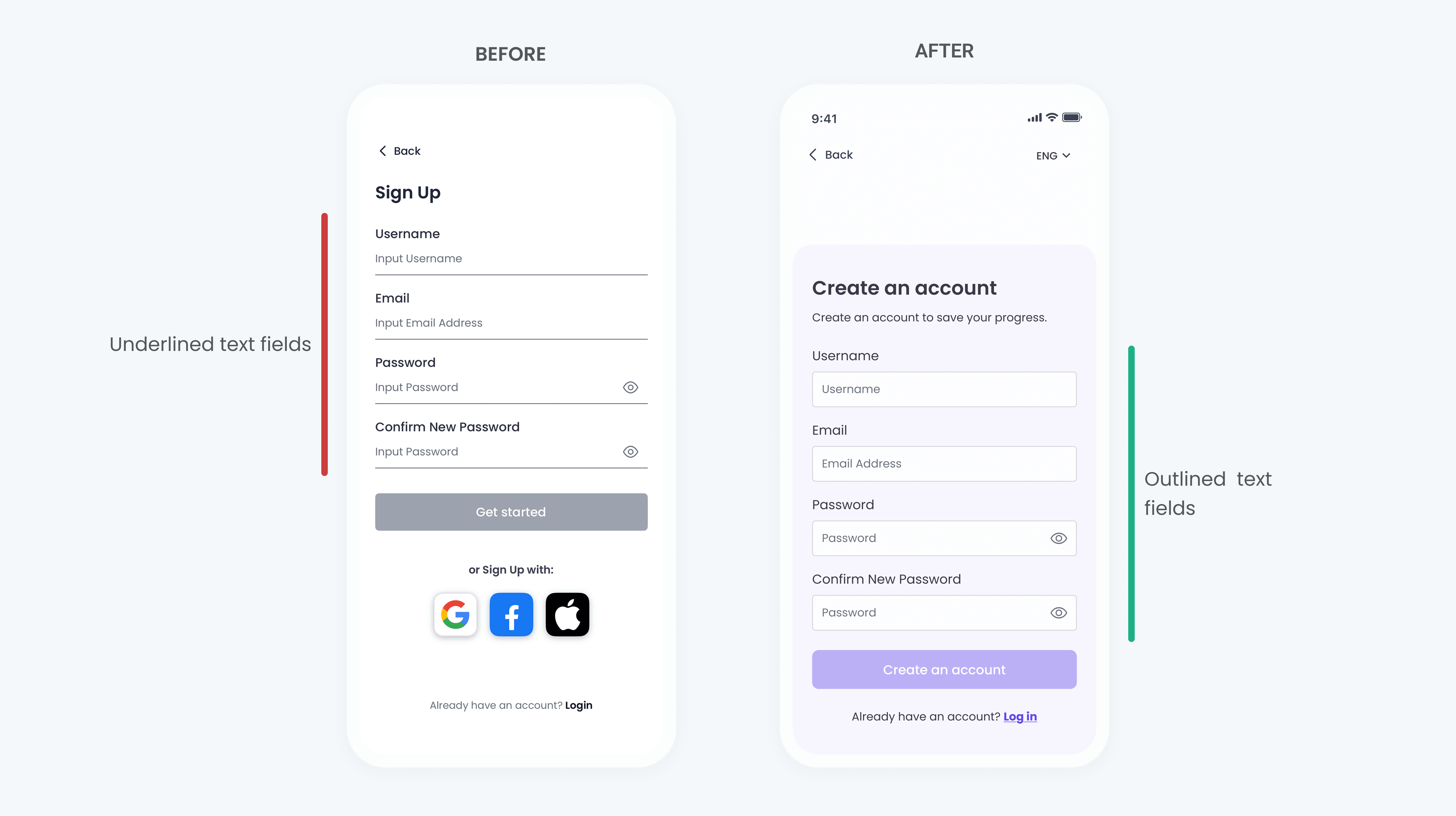 Side-by-side comparison of the Mental Power account creation screen before and after redesign. The original version used underlined text fields, while the redesigned screen uses outlined input fields to improve readability, accessibility, and form clarity, with a clearer primary action for account creation.