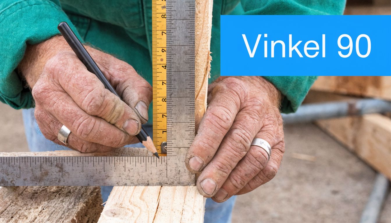 En snickare mäter och markerar en nittio graders vinkel på en träbit med en vinkelhake och penna.