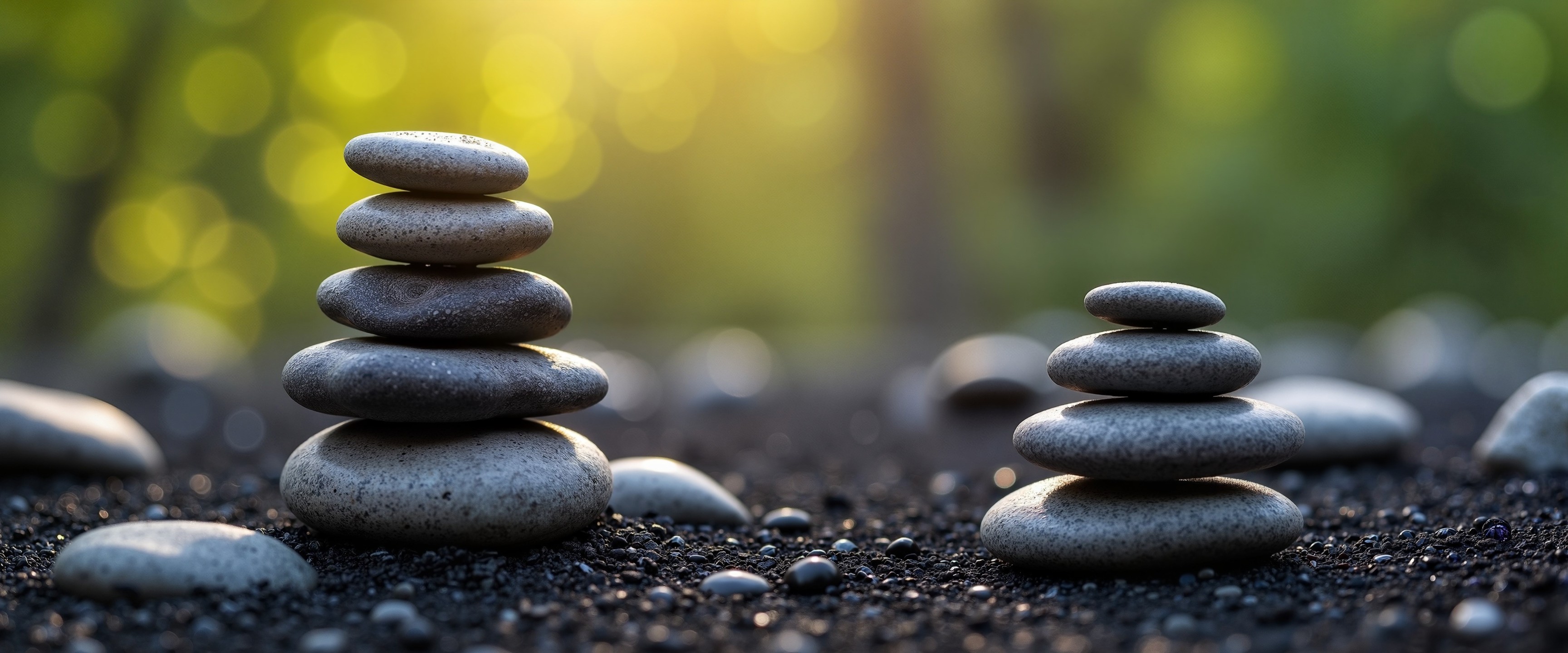 A neatly balanced, vertical stack of smooth, dark gray river pebbles resting on a textured ground with a soft, sunlit green bokeh background.