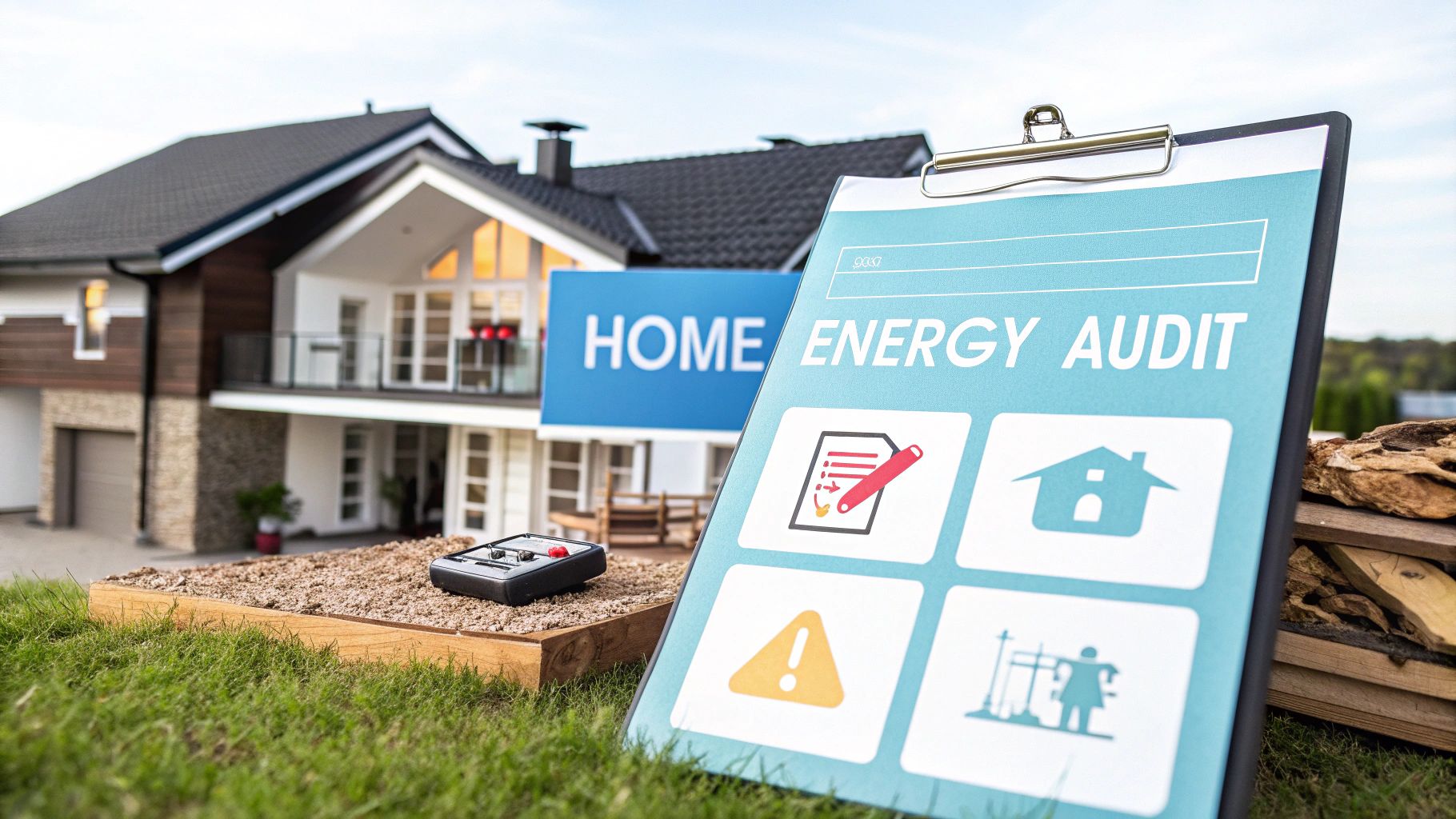 a supersized clipboard with an energy audit displayed learning against a home