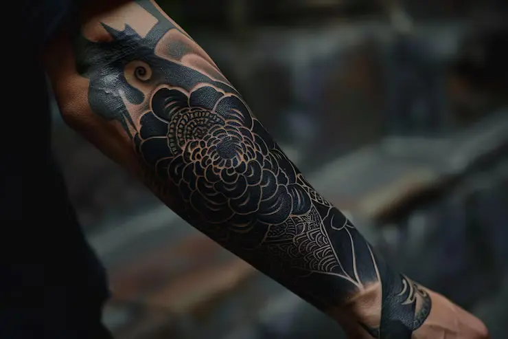 person with black and red tattoo on right leg