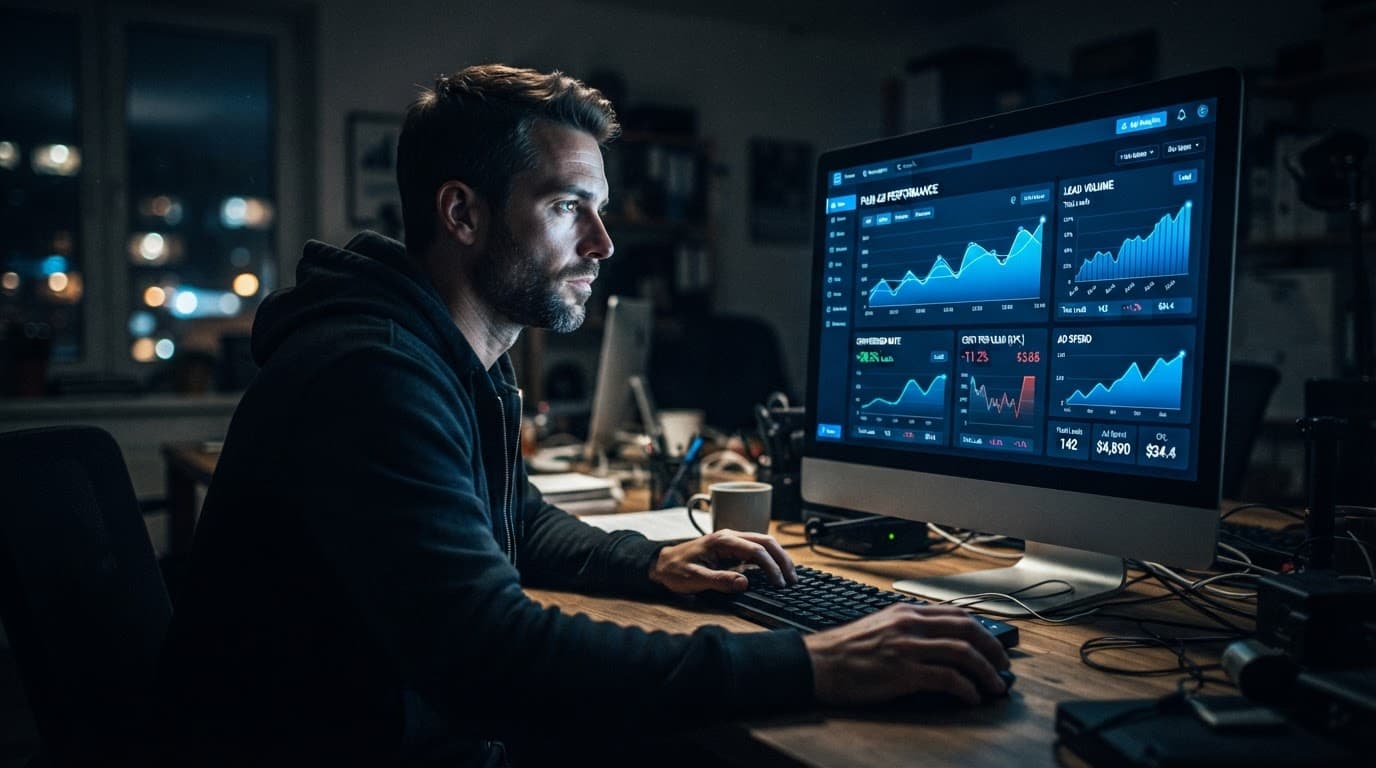 A computer monitor showing marketing analytics in a dark office with blue lighting.