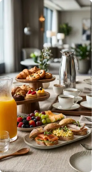 Mesa de café corporativo organizada com frutas, croissants, sanduíches artesanais e café servido em um ambiente sofisticado e acolhedor para eventos executivos.