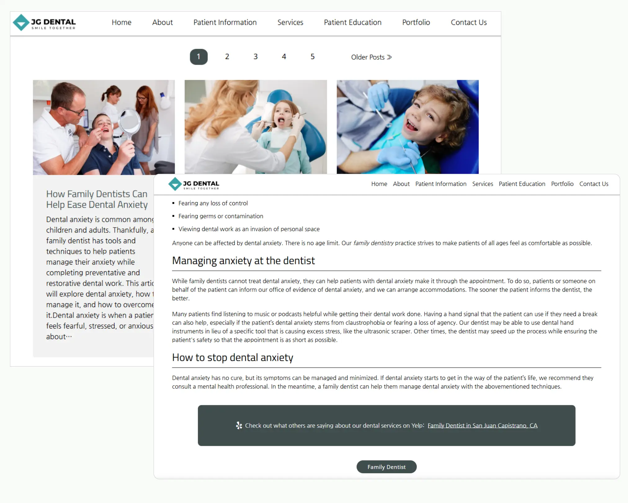 Dental clinic webpage on easing dental anxiety with child patient image
