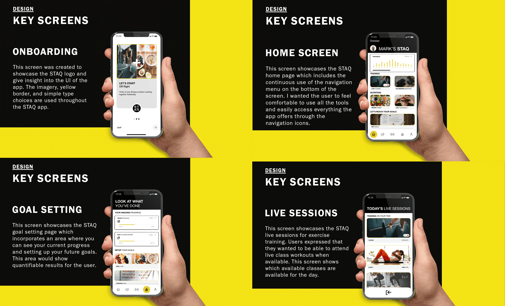 UI DESIGN Among the key screens designed for STAQ were the onboarding flow, home screen, goal setting, and live training sessions — each crafted to deliver a intuitive, motivating experience that guided users seamlessly through their fitness and nutrition journey from day one.