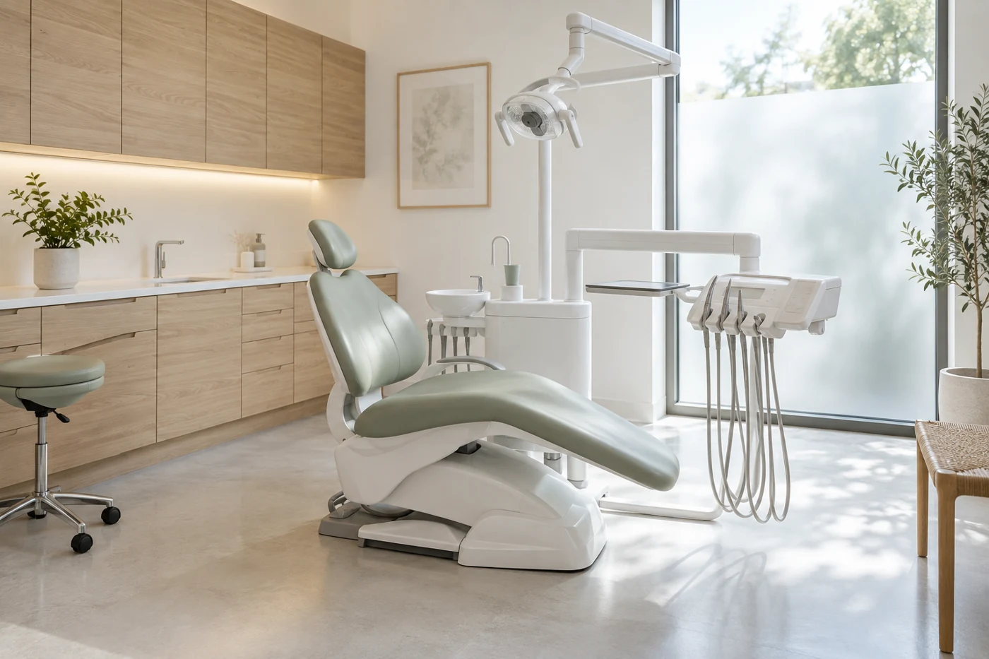 Bright treatment room with a dental chair and large windows.