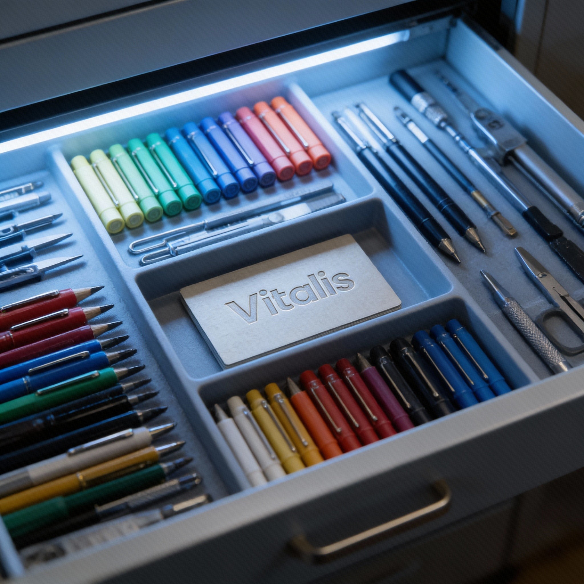 Cajón de escritorio organizado simétricamente con tarjeta de Centro Vitalis.