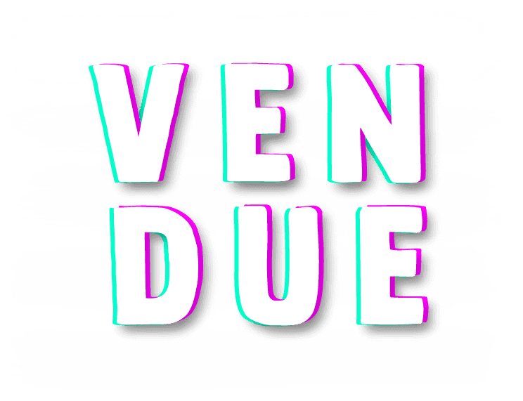 Le mot "VENDUE" est écrit en lettres capitales blanches avec un effet 3D néon magenta et turquoise.
