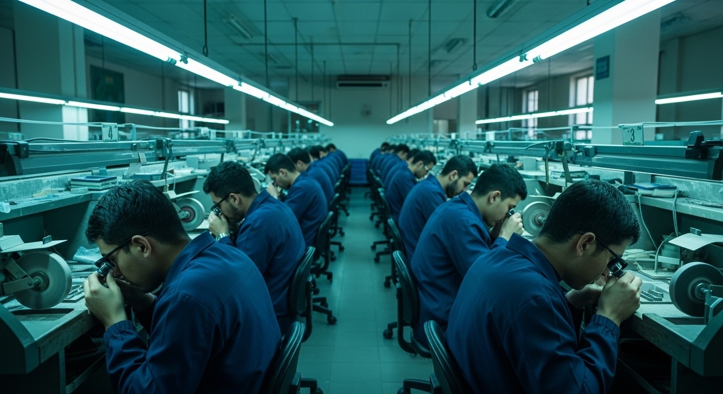 B2B diamond polishing workshop in Surat India: craftsmen processing diamonds at scale, the hub for 90% of global diamond cutting and polishing