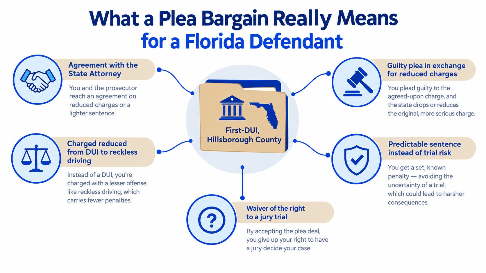 An infographic detailing the components of a plea bargain for a first-DUI offense in Hillsborough County, Florida.