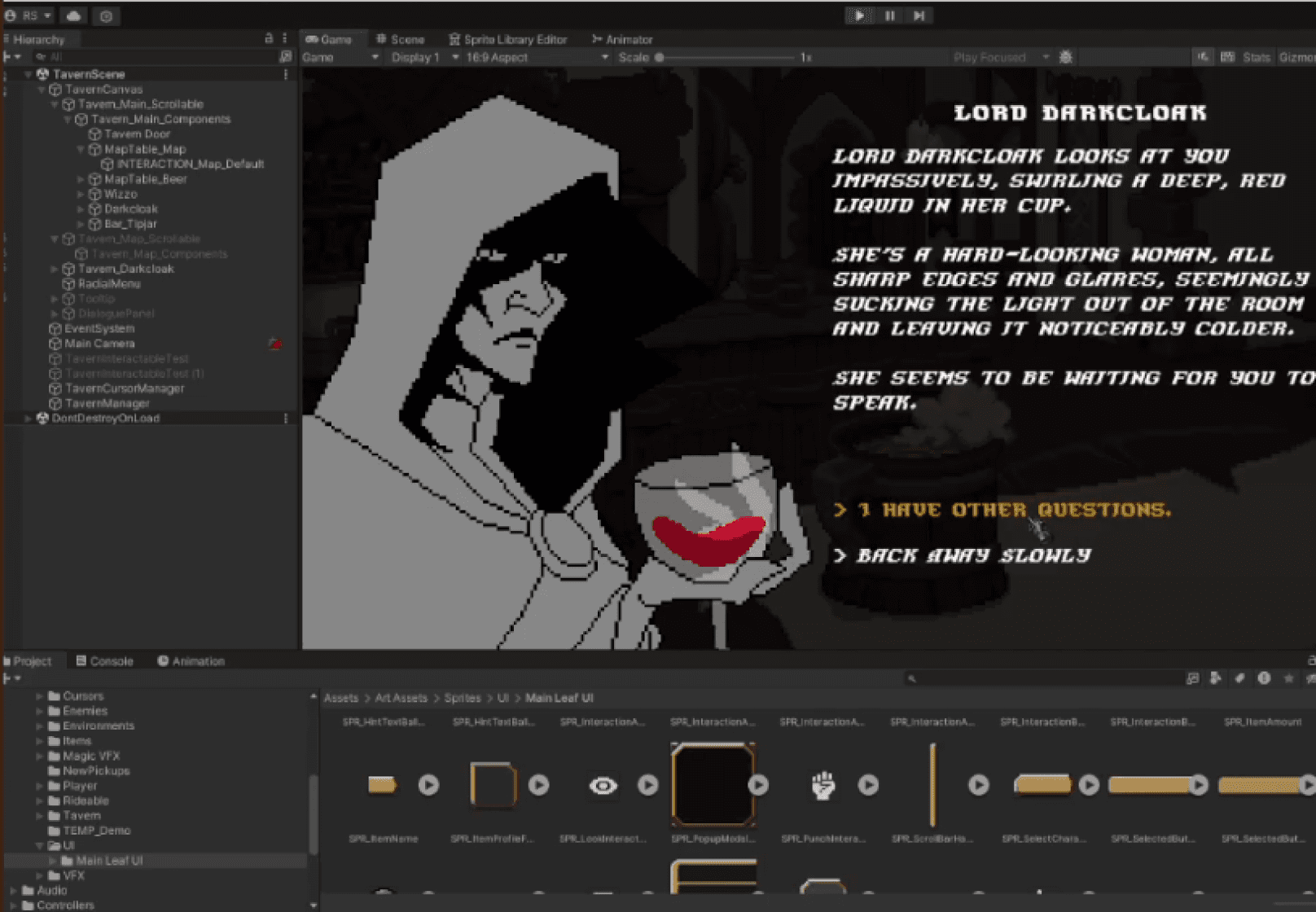 A mysterious hooded woman swirls her glass of red wine with descriptive text displayed in the Unity workspace.