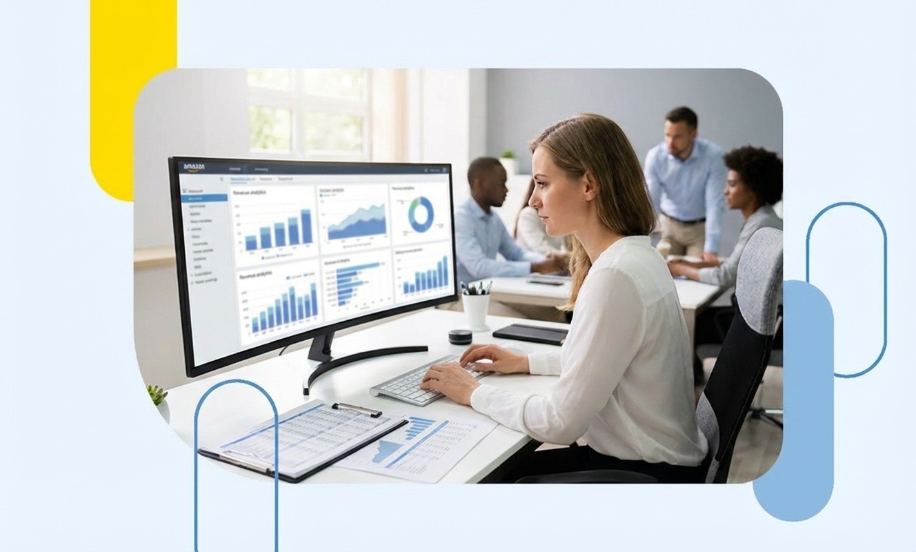 An Amazon business consultant reviewing organic growth data on a computer monitor to cut PPC costs and boost 1P Vendor profitability, surrounded by abstract blue and yellow graphics