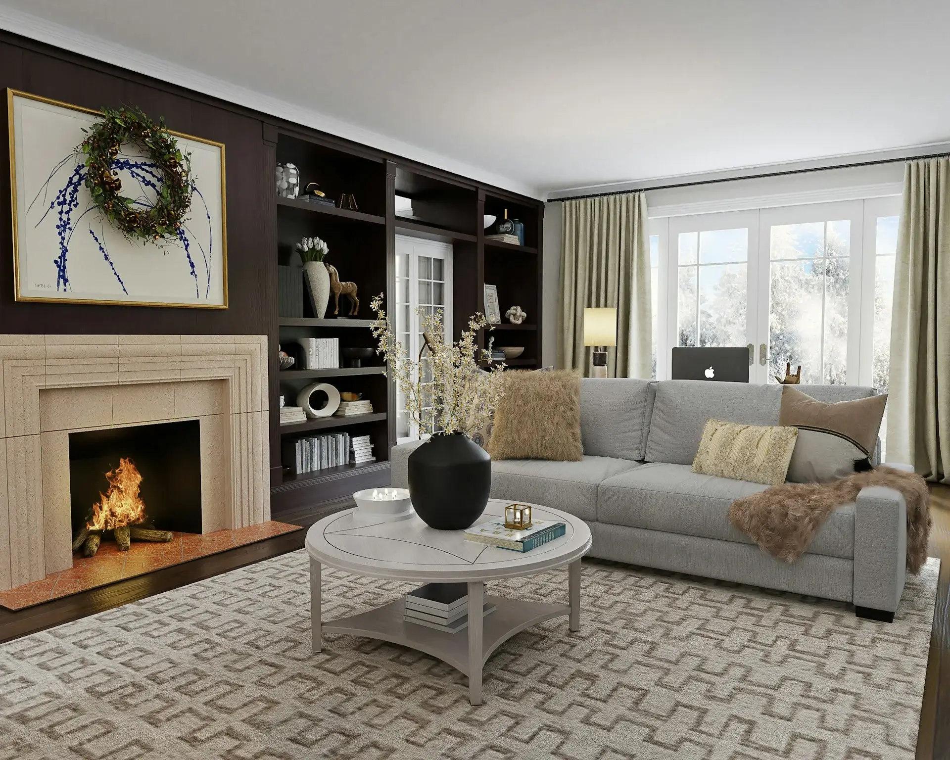 Elegant living room with fireplace, built-in shelves, gray sofa, and cozy decor.