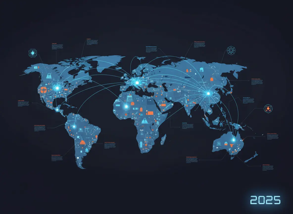 Digital world map infographic for 2025 on a dark background, displaying global connection lines between major regions. Each continent is illustrated in blue and overlaid with small icons representing technology, industry, and data, with bright nodes highlighting key network hubs and annotated points describing trends or facts.