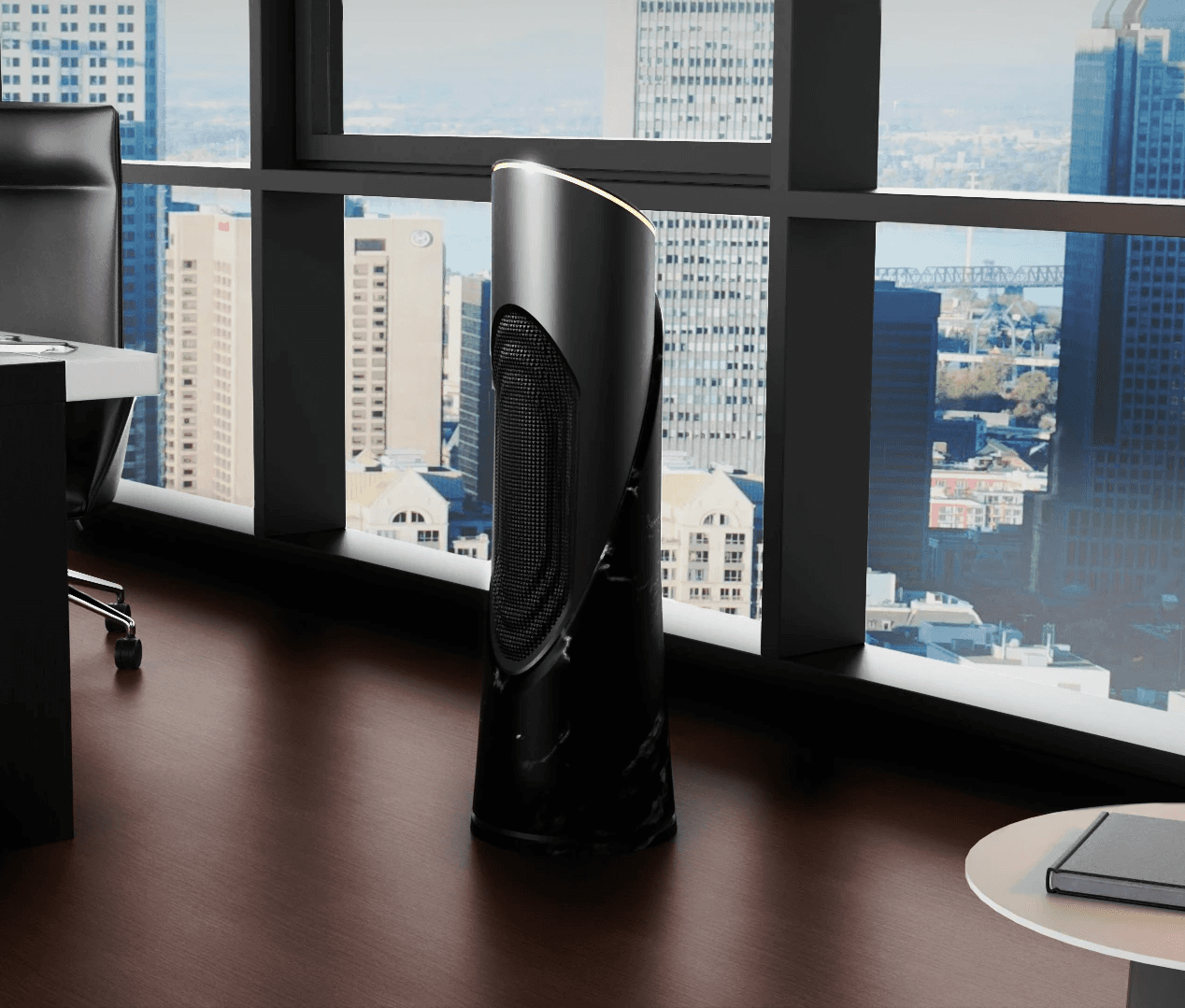 Office rendering scene featuring the Eclipse heating system in black anthracite and marble materials, set in an elegant high top office in front of a window wall.