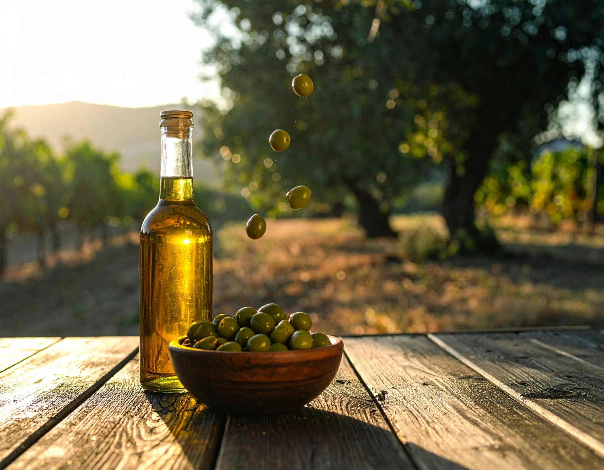Bottled olive oil on a table with olives falling into a bowl