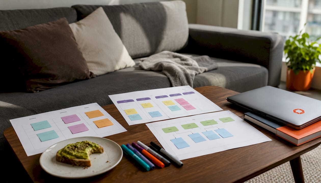 Overhead view of various startup roadmap templates