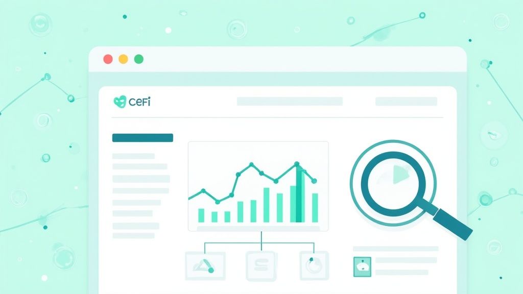 Digital dashboard of a CeFi crypto lending platform showing data charts, a search tool, and connectivity.
