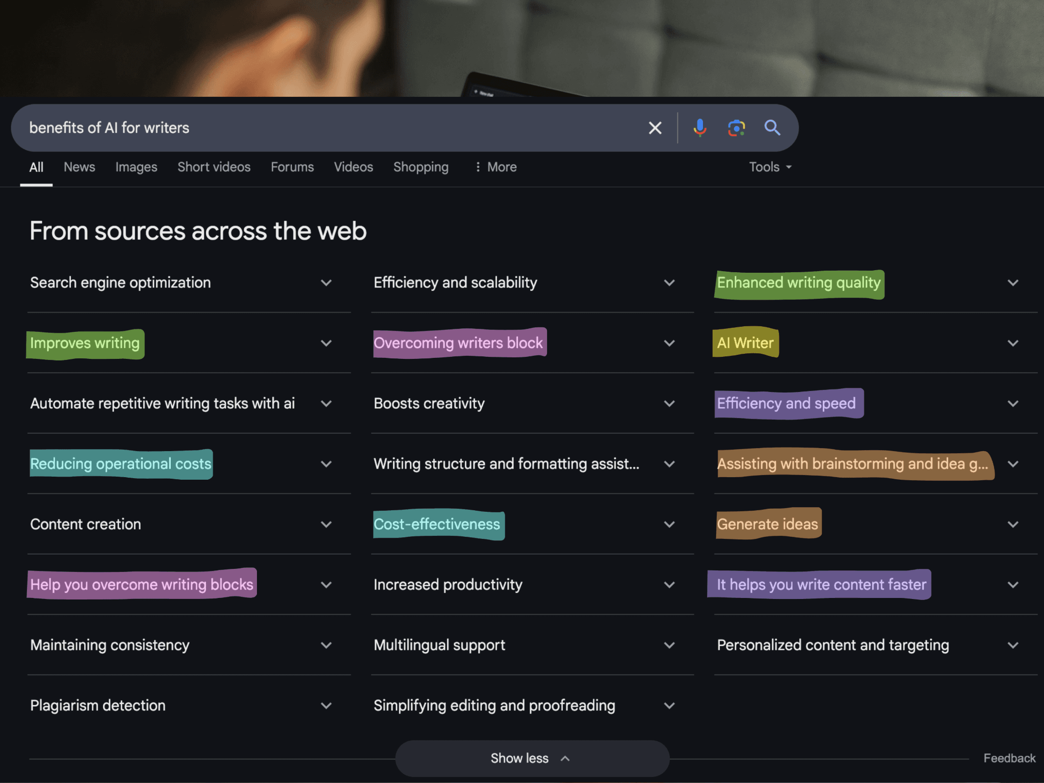 AI Overview for Google search “benefits of AI for writers” with multiple redundant answers highlighted.