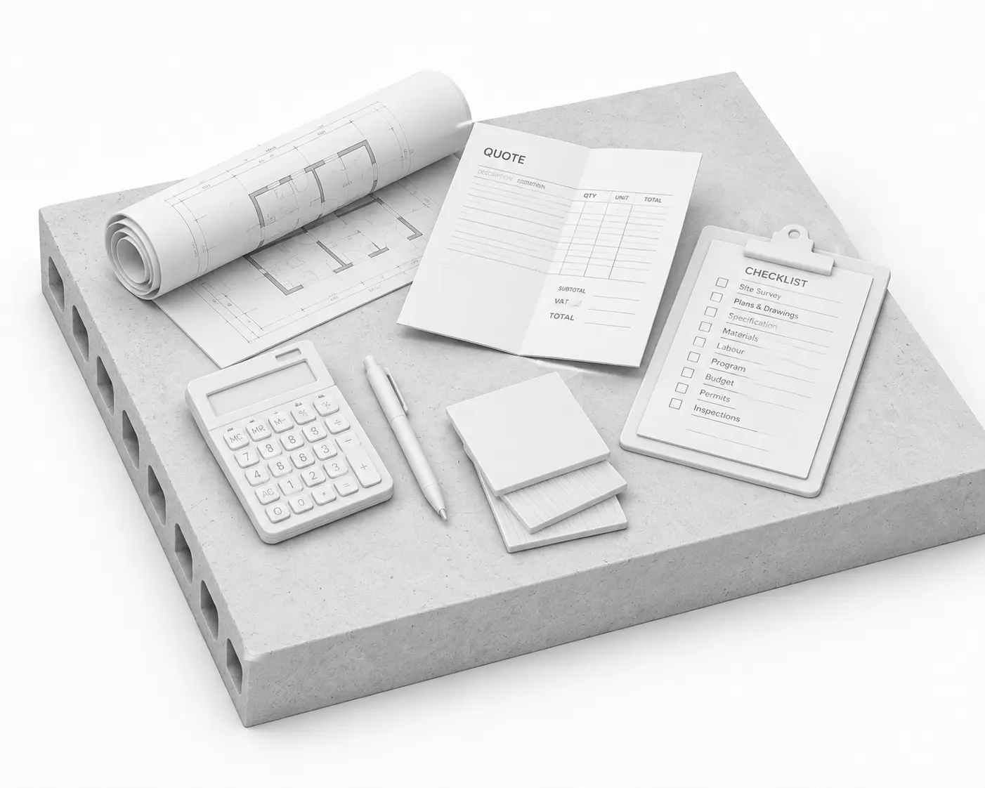 Isometrisches Modell mit Bauplan, Angebot und Taschenrechner