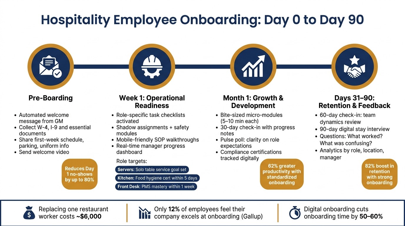 Hospitality Employee Onboarding Timeline: Day 0 to Day 90
