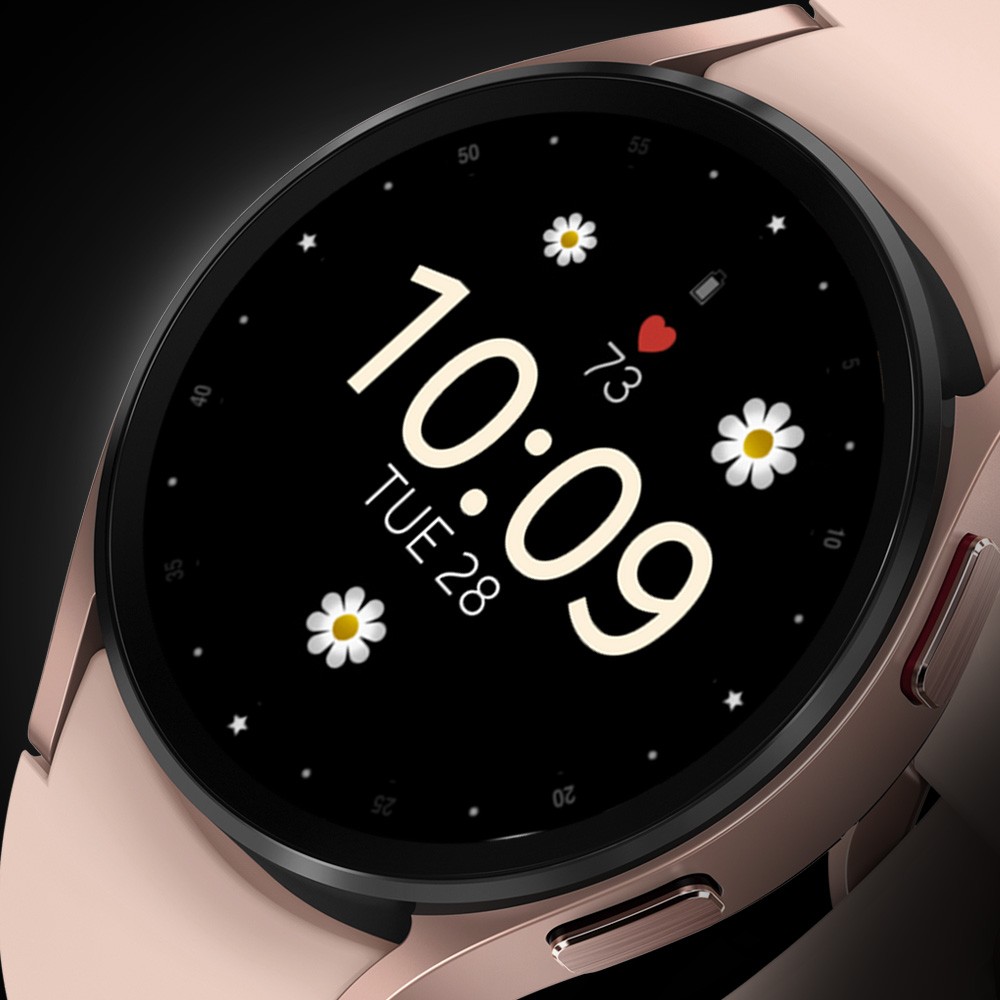 Galaxy watch displaying a digital flower watch face