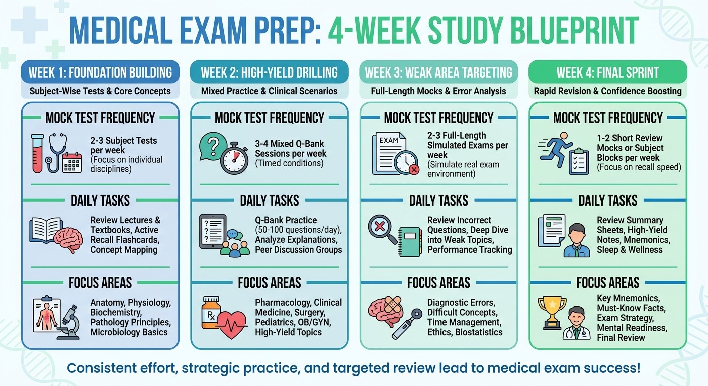 Week-wise NEET PG revision schedule with mock test frequency and weak area focus
