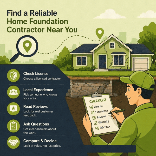 Illustration showing home foundation inspection checklist and contractor selection tips
