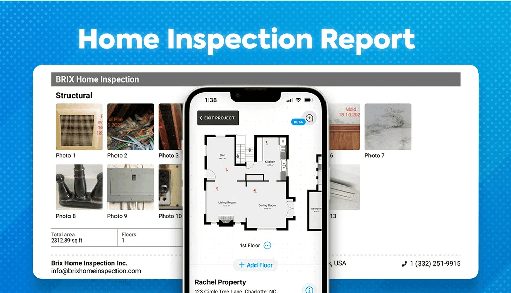 Home inspection report interface combining floor plans, photos, and inspection details on a mobile device.
