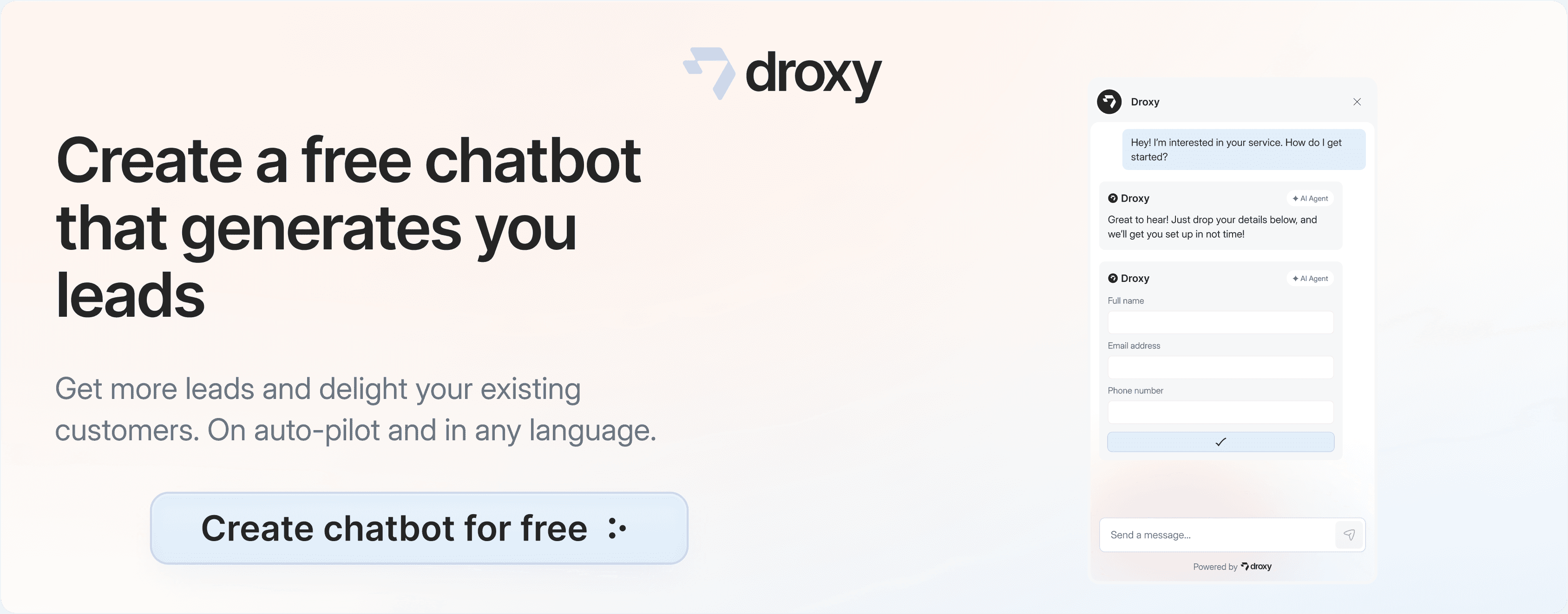 Create a free chatbot that generates you leads - Droxy AI