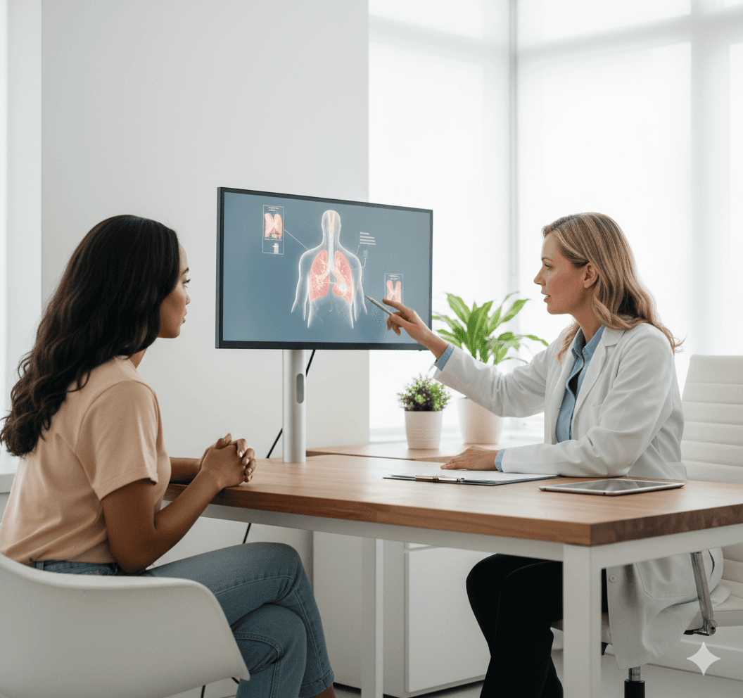 Dr. shoing test results to patient on computer