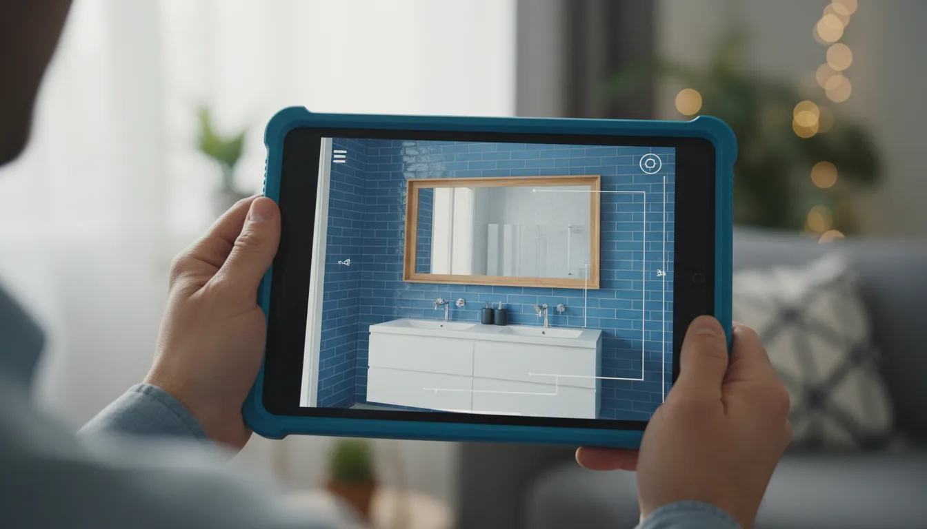 DSLR photograph, close-up shot of a person's hands holding a tablet computer in a thick blue protective case. The screen displays an augmented reality interior design app, showing a 3D render of a bathroom with blue walls, a white vanity, and a wood-framed mirror. The scene is illuminated by soft, natural daylight. Shallow depth of field with the tablet in sharp focus and the background blurred into a soft bokeh.
