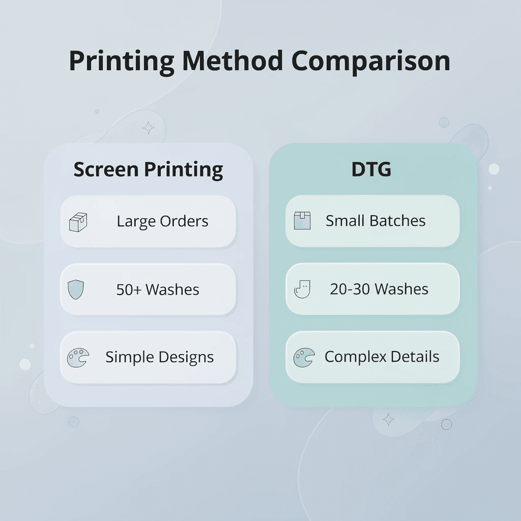 Comparison chart between screen printing and DTG methods
