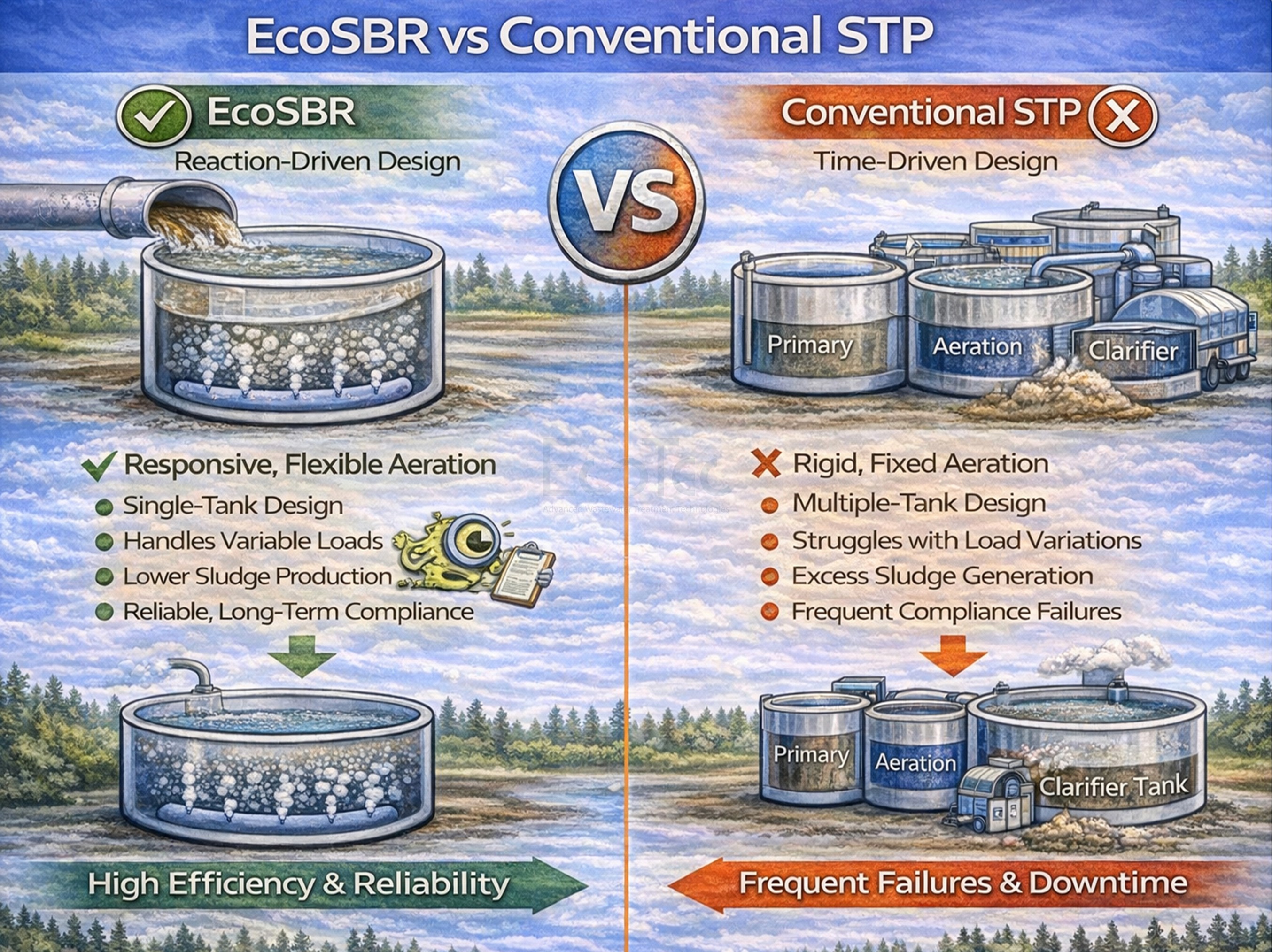 EcoSBR vs conventional STP infographic showing higher reliability and fewer failures in sewage treatment.