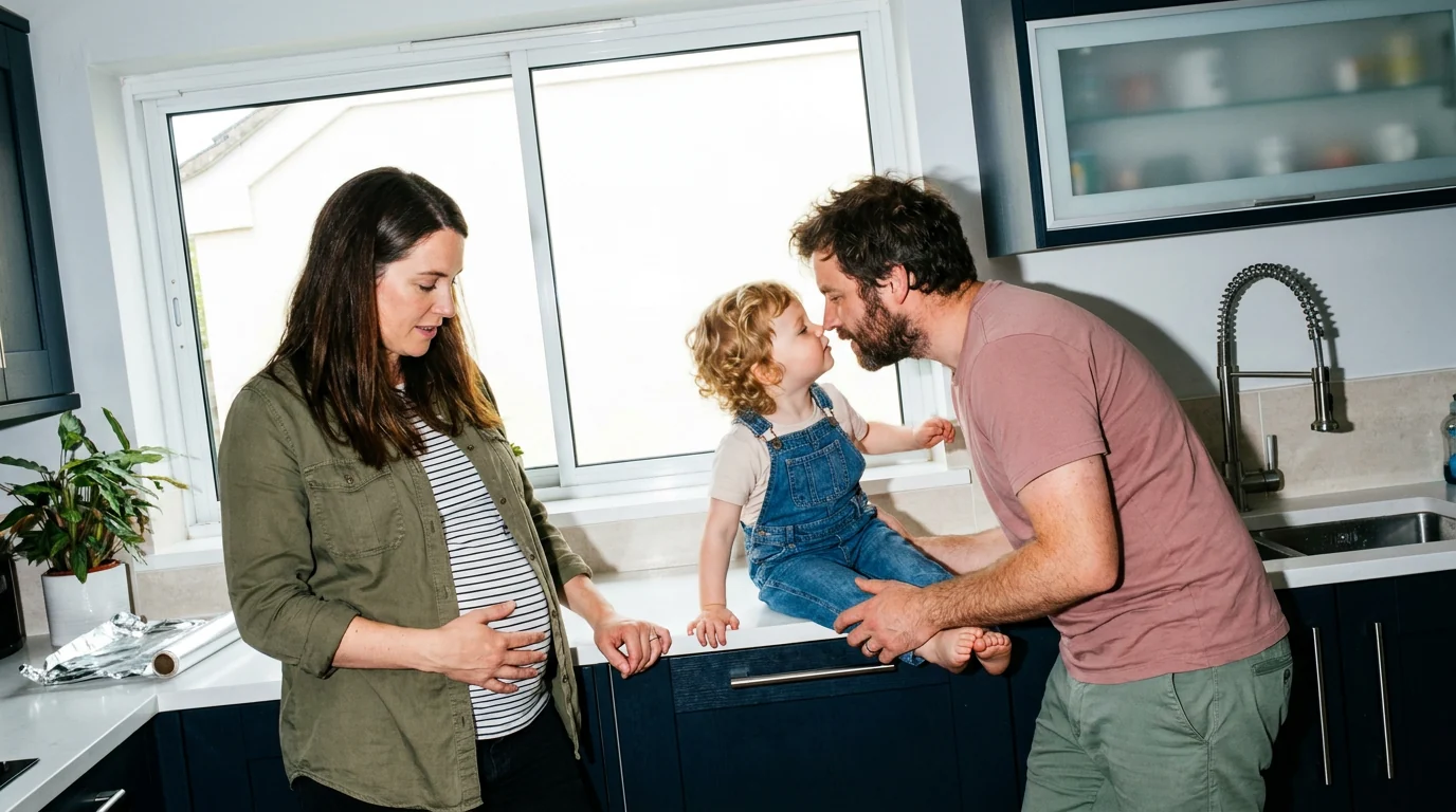 A family sharing a moment in their kitchen, a toddler touching noses with their dad