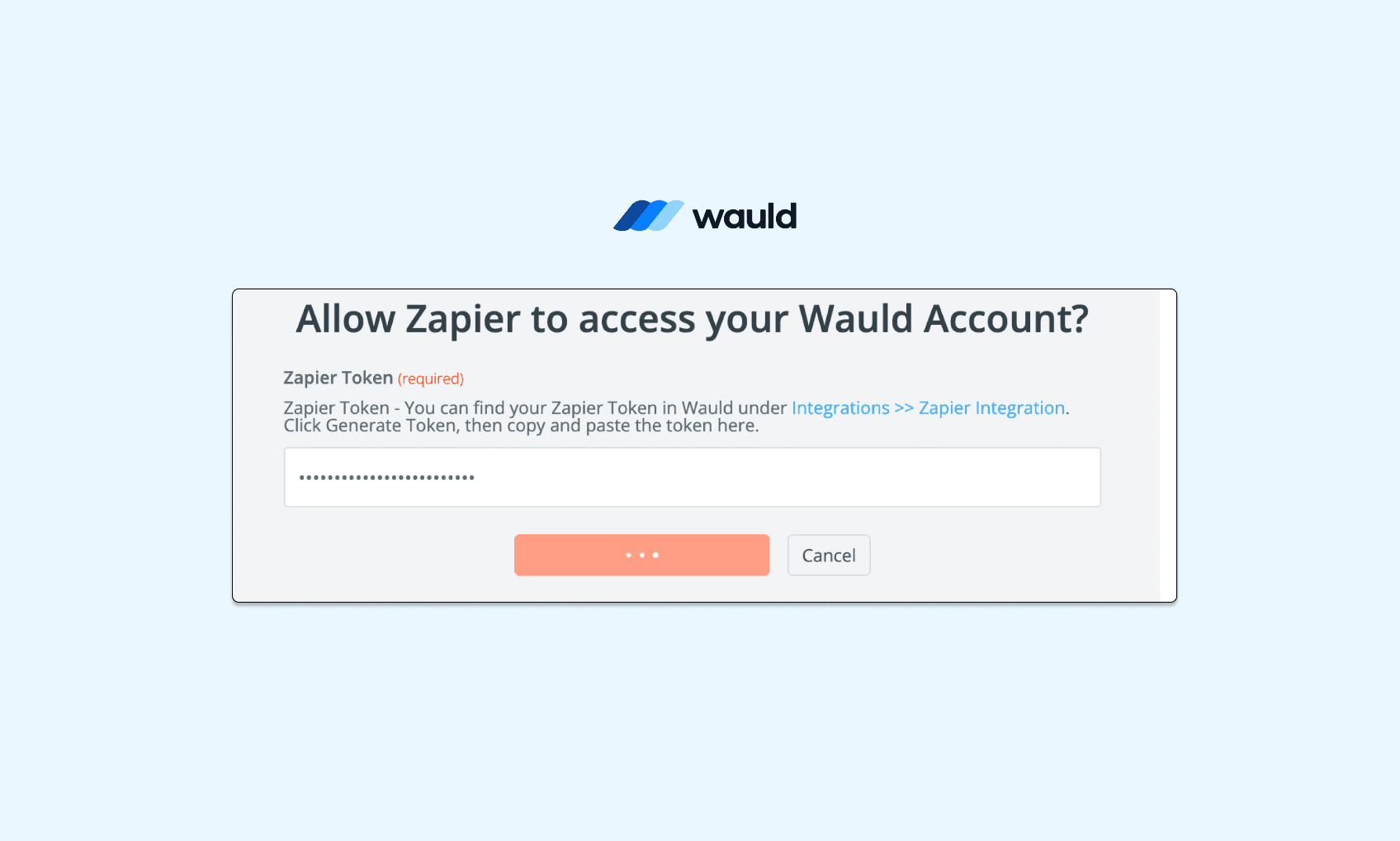 Zapier account connection screen with a field to enter the Wauld API access token