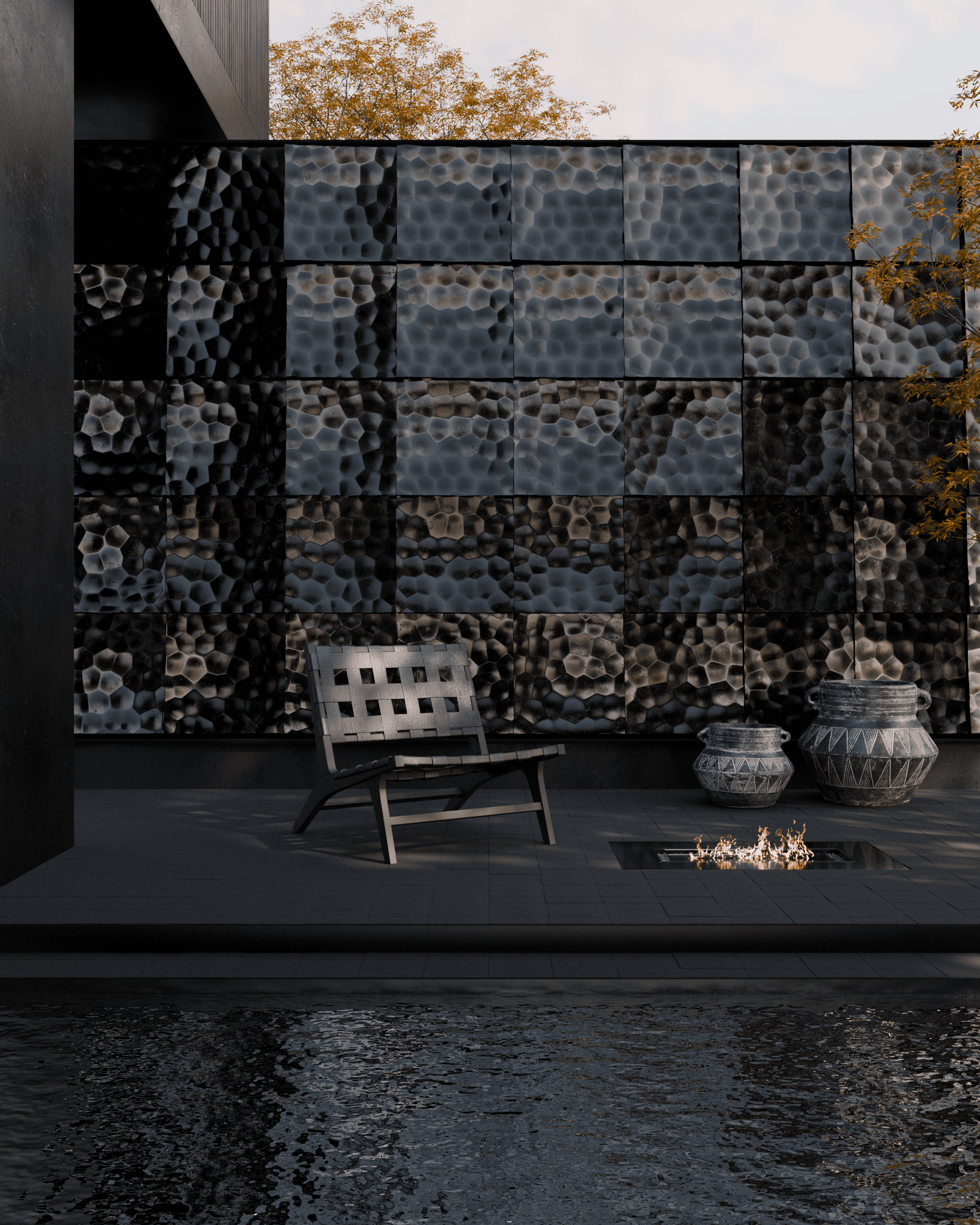 Rendu 3D espace extérieur monochrome noir, façade en panneaux texturés, foyer de feu et bassin d'eau — Aure Moukala