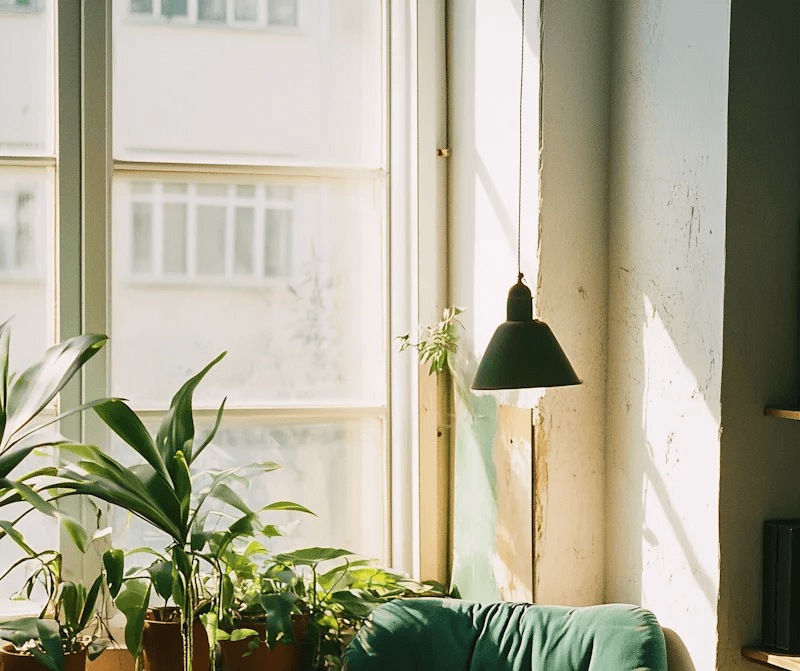 Bild mit Ausschnitt in dem ein Fenster zu sehen ist vor dem Pflanzen und eine Lampe stehen