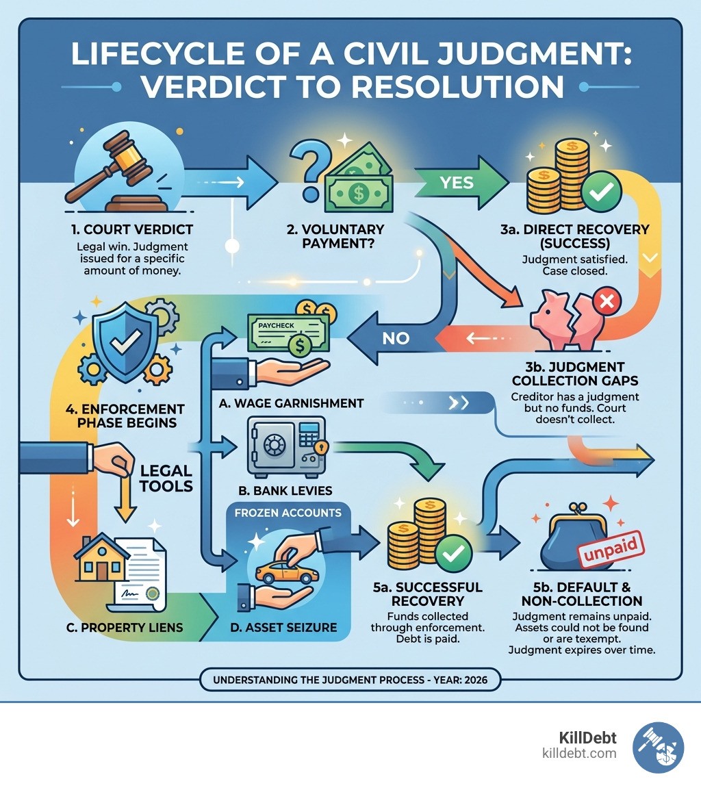 Lifecycle of a civil judgment from court verdict through enforcement to recovery or default - civil judgement collection
