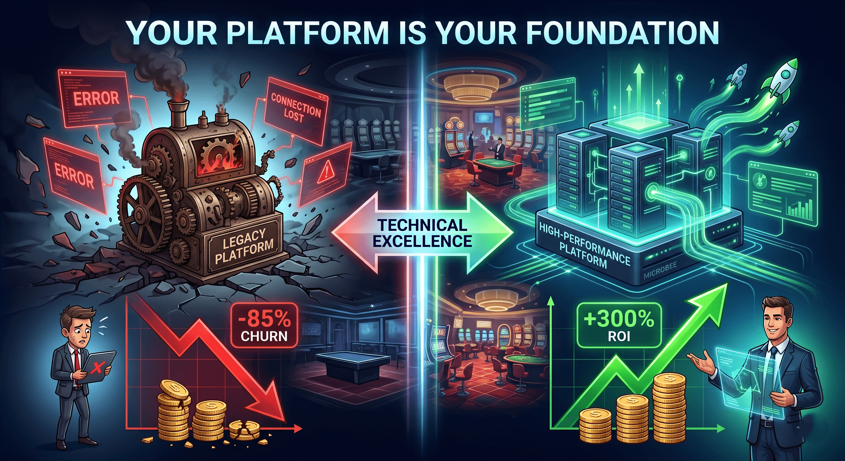 Two contrasting structures representing iGaming platform infrastructure — one crumbling from technical failure, the other a stable golden tower symbolising high-performance ROI