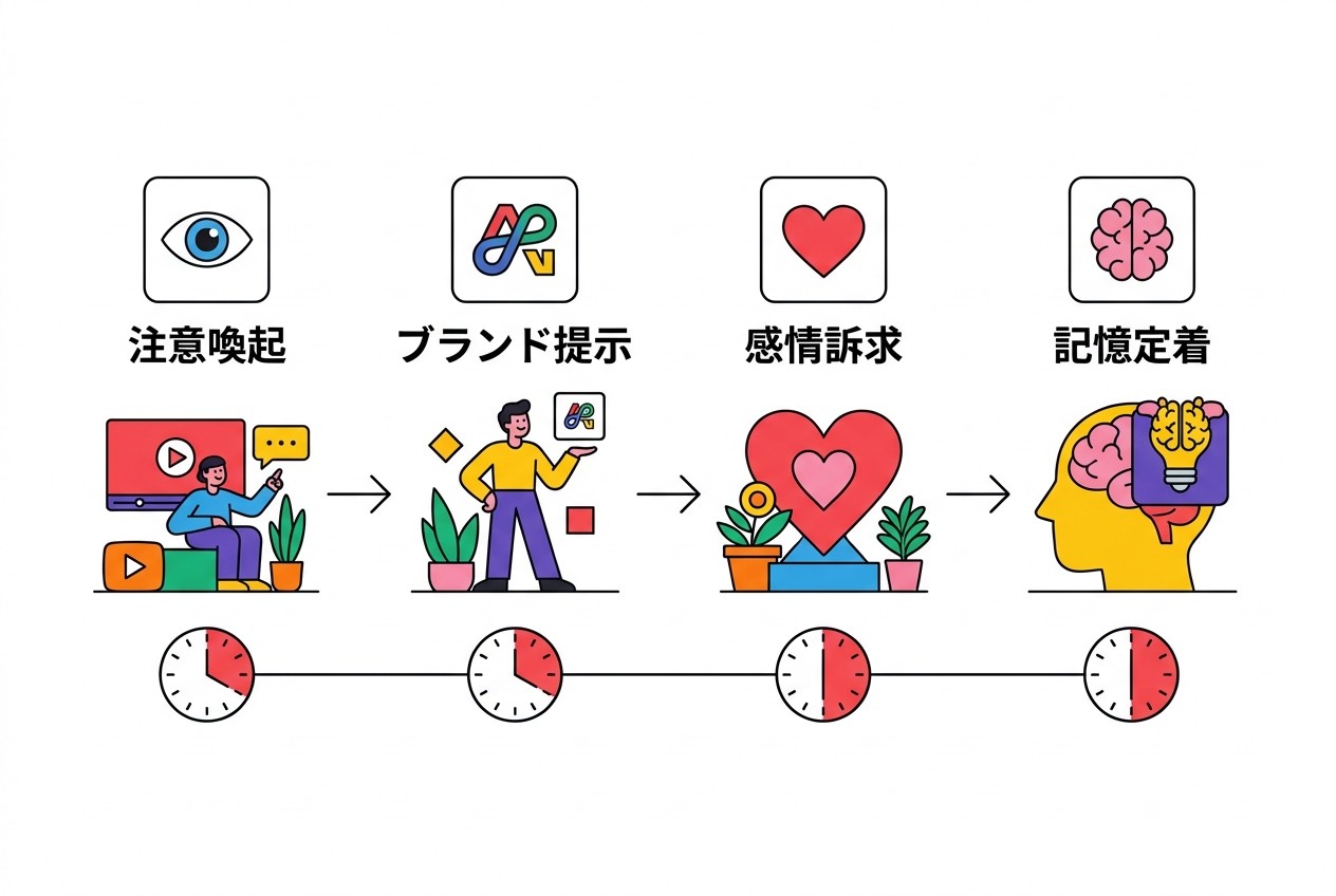 認知動画の基本構成。最初3秒で注意を引き、ブランド名を明示、感情的な訴求で好意度を向上させ、最後に記憶定着を図る流れが効果的。