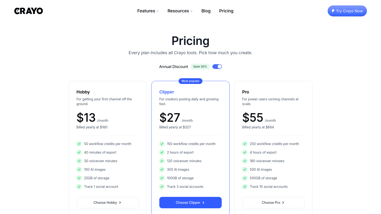 Crayo pricing page showcasing three subscription tiers including Hobby, Clipper, and Pro plans with pricing details.