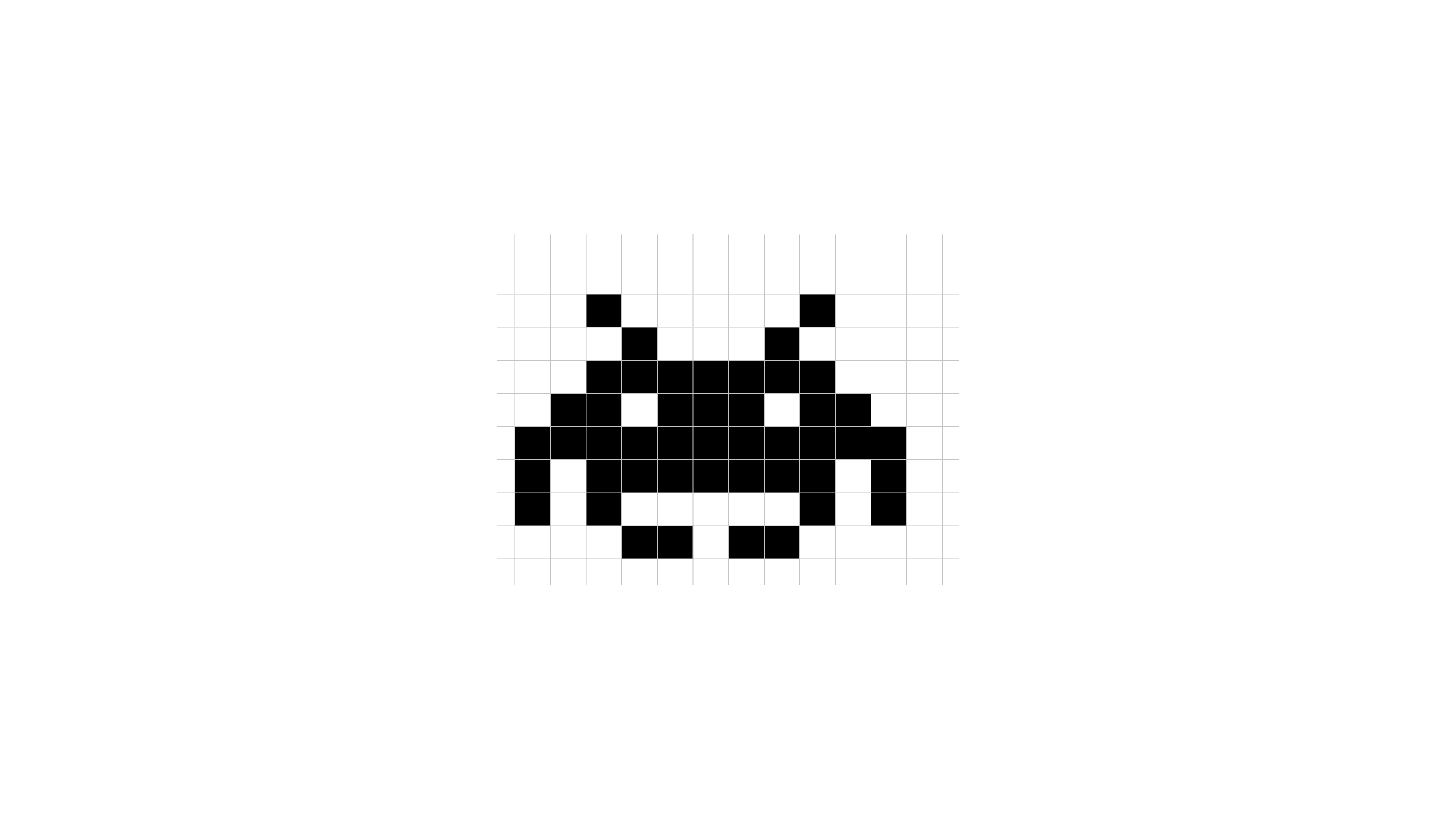 Pixelated Space Invader character displayed on a square grid referencing the original arcade game.