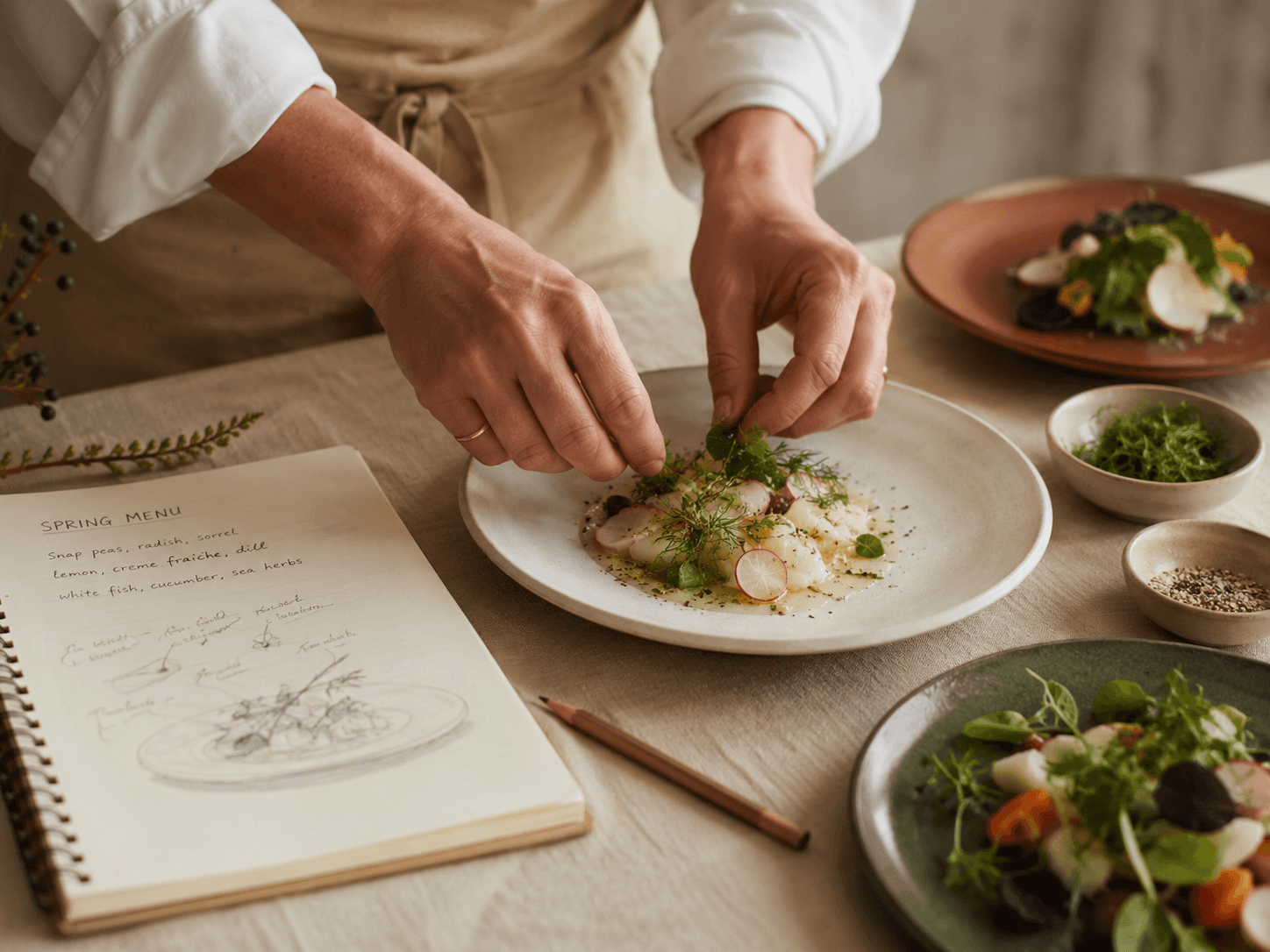 Chef designing a seasonal menu with fresh herbs