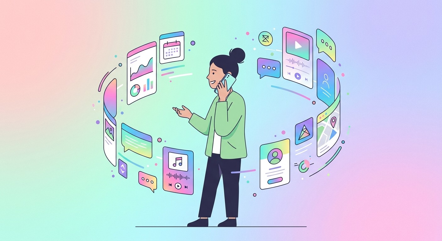 Person speaking into a phone with colorful app screens materializing around them