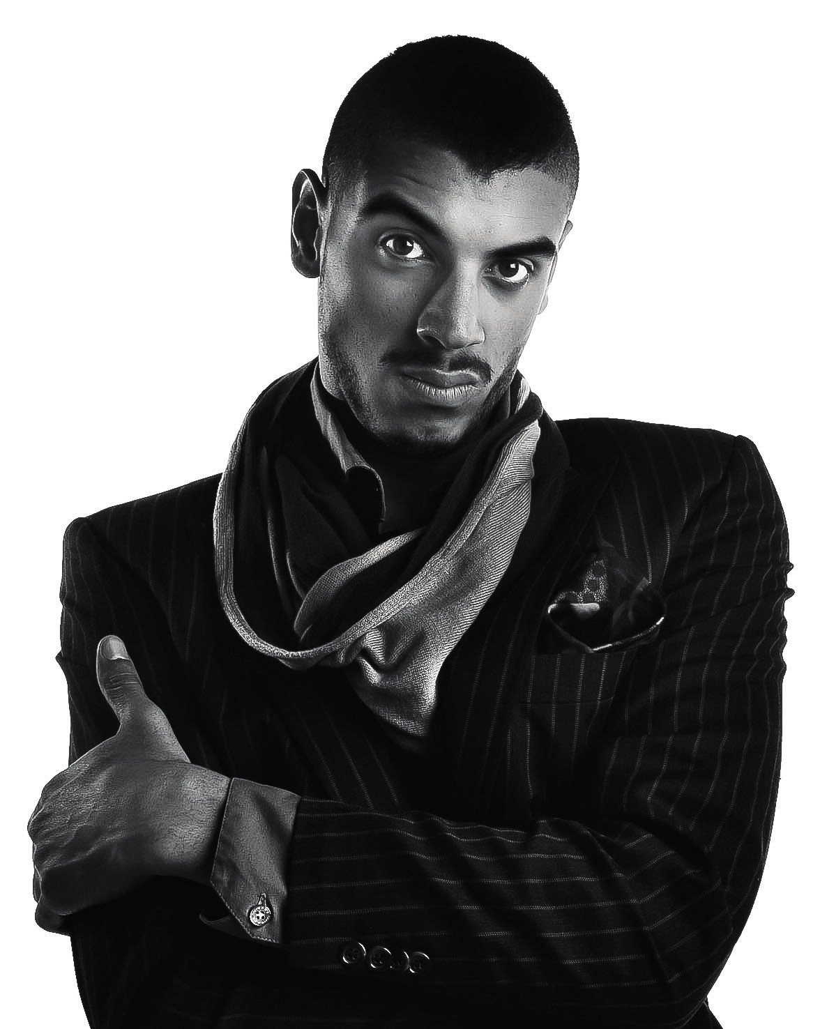 High-contrast black and white studio photography featuring a male subject in a dynamic, sculptural pose, highlighting anatomical geometry and professional-grade chiaroscuro lighting.