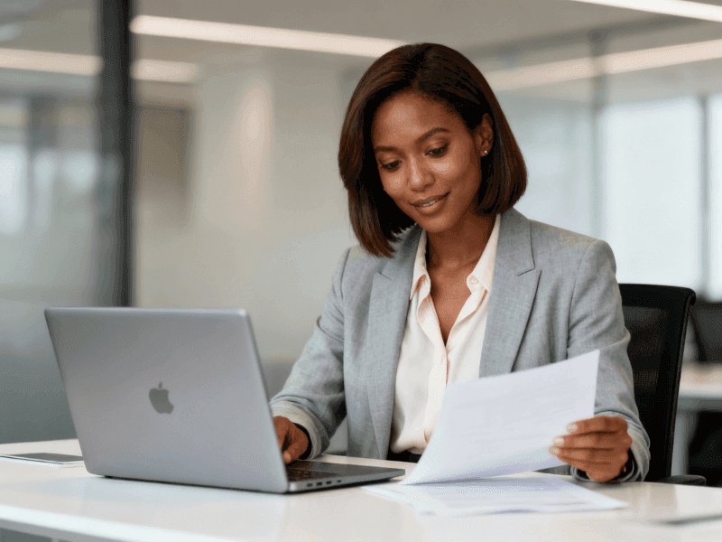 A businesswoman sits at a desk, reviewing payroll documents while working on a laptop in a modern office setting.