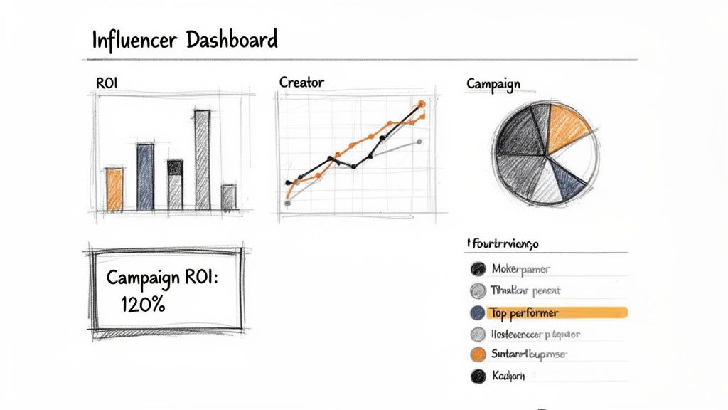 Hand-drawn influencer marketing dashboard showing ROI, creator performance, and campaign metrics.
